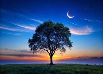 A serene landscape with a transparent tree standing tall, its limbs and foliage barely visible, set against a warm blue evening sky with a crescent moon.