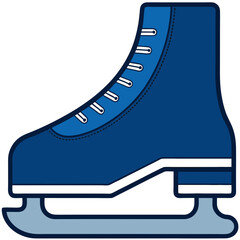  a simple illustration of an ice skate. It features a blue boot with white laces and a white stripe near the sole. The blade of the skate is depicted in gray. 