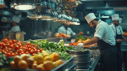 Hustling kitchen staff in a busy restaurant, focusing on sanitary practices, highlighting chefs, fresh produce, and cooking equipment 