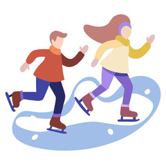 Obraz premium an illustration of two people ice skating. The person on the left appears to be male, wearing a red sweater, blue pants, and brown ice skates.
