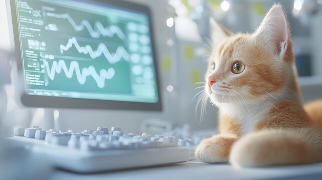Cute Ginger Kitten Looking at Computer Screen with Data Graph - Powered by Adobe