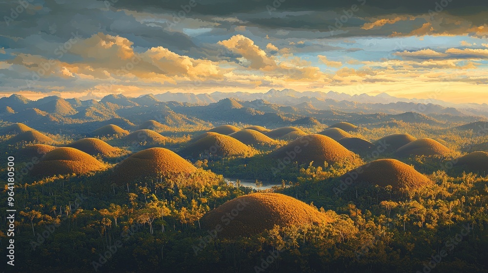 Poster Lush green valley with rows of rolling hills under a cloudy sky.