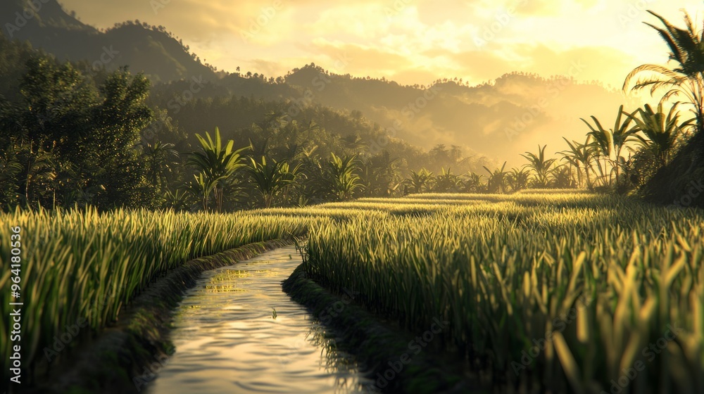 Canvas Prints Lush rice paddy field with a stream and a tropical forest in the background bathed in warm sunlight.