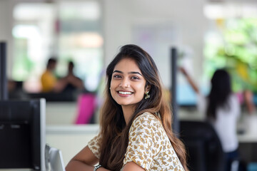 A woman with brown hair and a smile is sitting in front of a computer