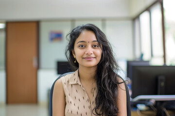A woman with long hair is sitting in a chair in a room