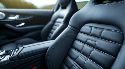 Close-up of black leather seats in a luxury car with sleek design and detailed stitching.