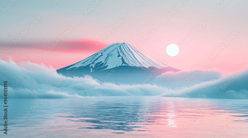 Wall mural Majestic Mount Fuji rising above a serene sea of clouds with a soft pink sunset in the sky.