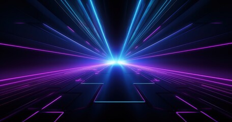 Obraz premium A futuristic digital landscape with vibrant blue and purple light beams converging towards a central point, creating a sense of depth.