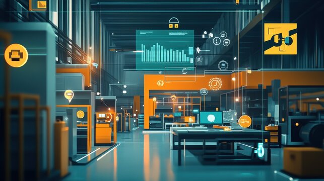 Vibrant business setting demonstrating business flexibility, with icons representing streamlined operations and swift responses to industry shifts 