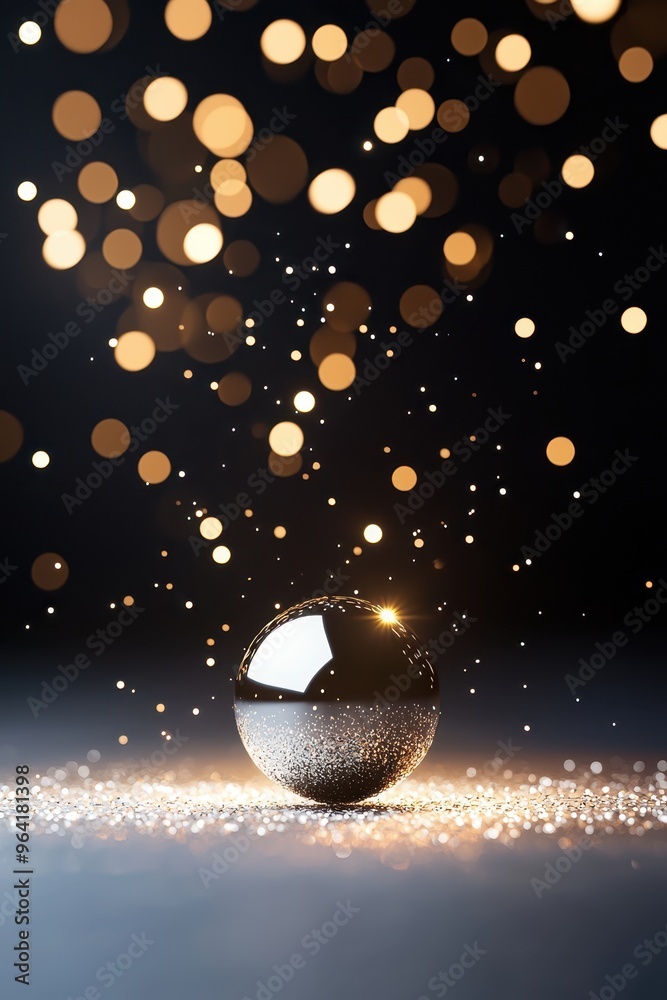 Poster Glowing sphere on dark surface with bokeh lights in the background, creating a magical and enchanting atmosphere.