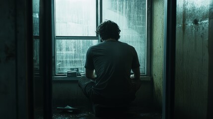 a sad man in a dark room in front of a window rainy day sad feeling 