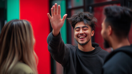 Obraz premium A man is waving at two other people