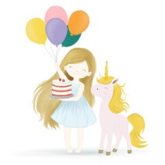 Greeting Card with Cute Cartoon fairy tale Princess and Unicorn with White Background, little girl and unicorn