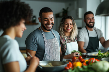 A group of people are smiling and laughing while preparing food together
