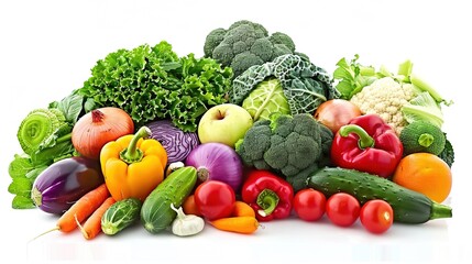 Vibrant Pile of Fresh Produce: Colorful Vegetables and Fruits Including Cabbage, Cucumber, Bell Pepper, Tomato, Broccoli, Kale, Onion, Eggplant, Apple, and Orange