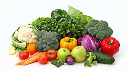 Vibrant Pile of Fresh Produce: Colorful Vegetables and Fruits Including Cabbage, Cucumber, Bell Pepper, Tomato, Broccoli, Kale, Onion, Eggplant, Apple, and Orange