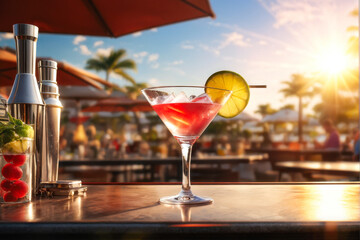 Sun-Drenched Martini: Expert Mixology at a Vibrant Outdoor Bar. Bartender's Precision: Pouring a Martini with Flair at a Sunny Terrace. generative AI