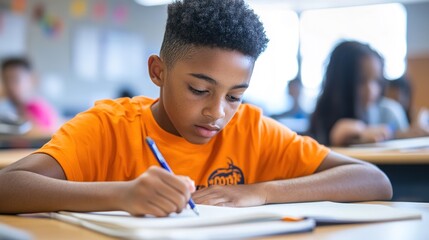 A student at their desk, focused on writing in their notebook during a classroom activity