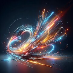 A vibrant, dynamic composition of abstract light streaks in various colors, swirling energetically against a dark background. The motion and color create a sense of futuristic, high-tech energy.. AI