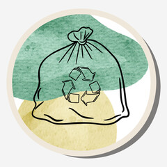Waste recycling. Ecology sticker with watercolor background. Care for nature