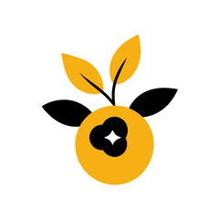 Naklejka premium a stylized graphic of a fruit with leaves. The fruit is depicted as a yellow circle with a black star-like shape in the center, resembling a simplified representation of a berry or fruit