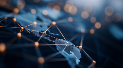 Global network representation with connected data points visualized on a world map, showcasing international communication and data exchange.