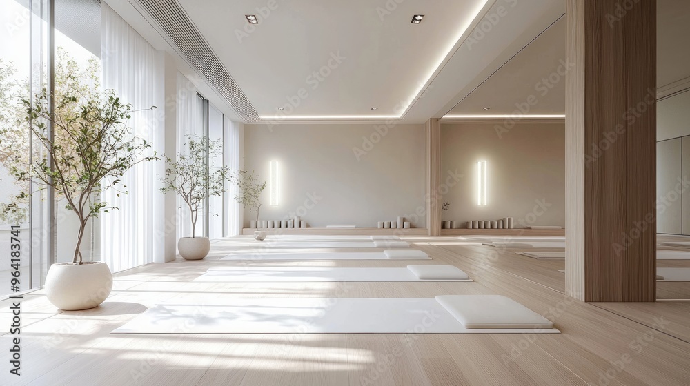 Poster Minimalist and serene yoga studio with large windows, wooden floors, white mats, and potted plants.