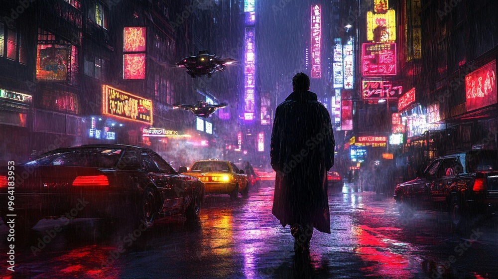 Leinwandbilder retro-style robot walking in a futuristic cityscape filled with neon signs and flying cars in a vibr