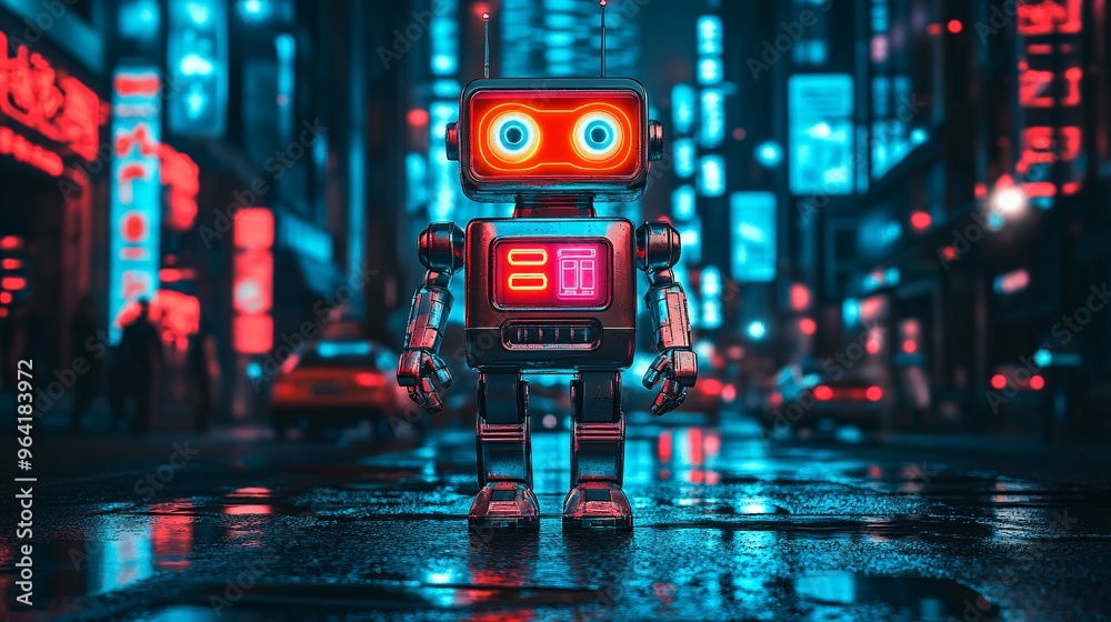 Poster retro-style robot walking in a futuristic cityscape filled with neon signs and flying cars in a vibr