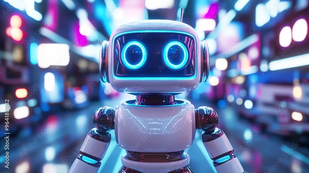 Poster retro-style robot walking in a futuristic cityscape filled with neon signs and flying cars in a vibr