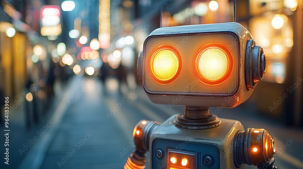 Poster close-up of an 80s-style robot with glowing eyes in a futuristic city lit by neon lights towering bu