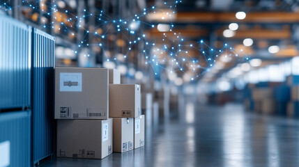 Modern warehouse with boxes and containers, featuring an overlay of digital connections representing automation and smart logistics.