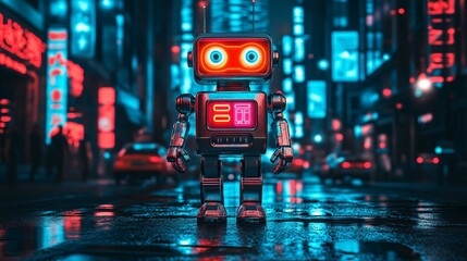 Retro-style robot walking in a futuristic cityscape filled with neon signs and flying cars in a vibrant 80s-inspired aesthetic Large space for text in center Stock Photo with copy space