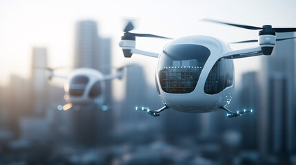 Autonomous flying drones maneuver through an urban skyline, showcasing future possibilities in transportation and delivery in smart cities.
