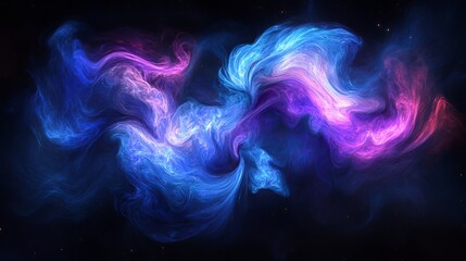 A beautiful swirl of blue and purple shines against a black background, like a colorful cloud of energy in space.