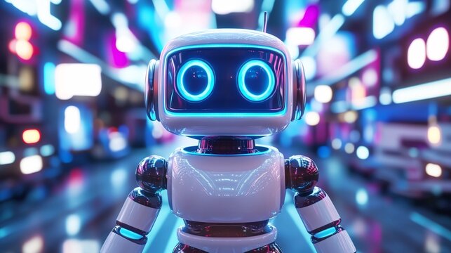 Retro-style robot walking in a futuristic cityscape filled with neon signs and flying cars in a vibrant 80s-inspired aesthetic Large space for text in center Stock Photo with copy space