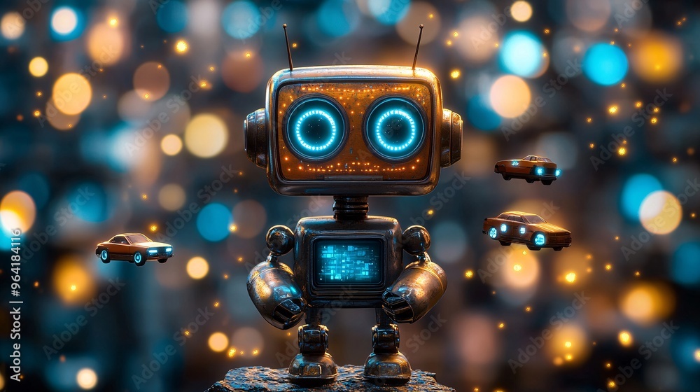 Poster an 80s-inspired robot holding a futuristic holographic screen with flying cars and city lights in th