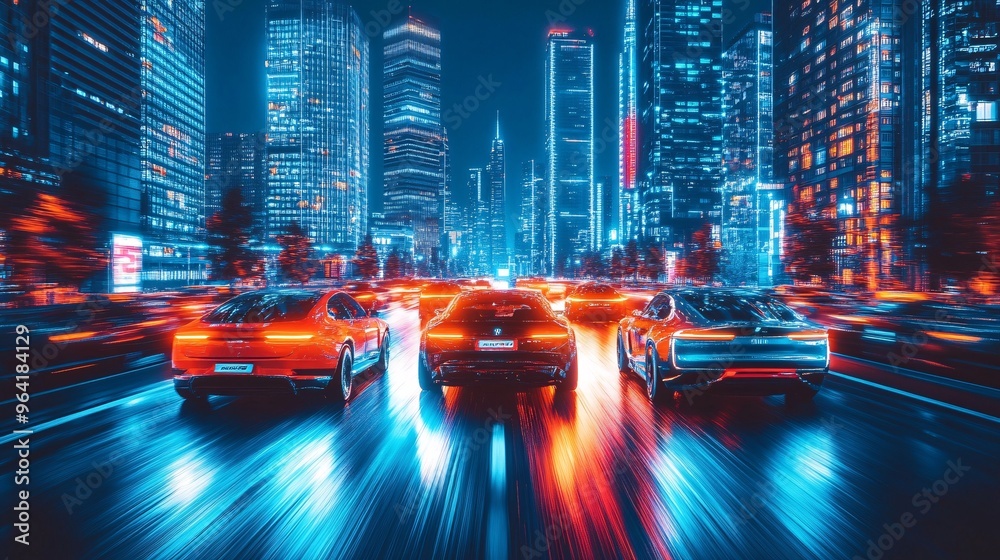 Poster vintage cars modified with electric power speeding through a futuristic cityscape with towering skys