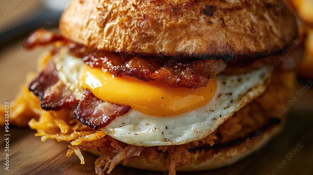 Canvas Prints Delicious bacon egg and cheese sandwich with chipotle mayo and a crispy hash brown, served on a toasted roll, close-up shot of a savory breakfast.