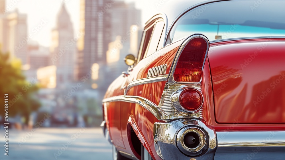 Poster close-up of a classic vintage car from the 60s transformed into an electric vehicle set against a fu