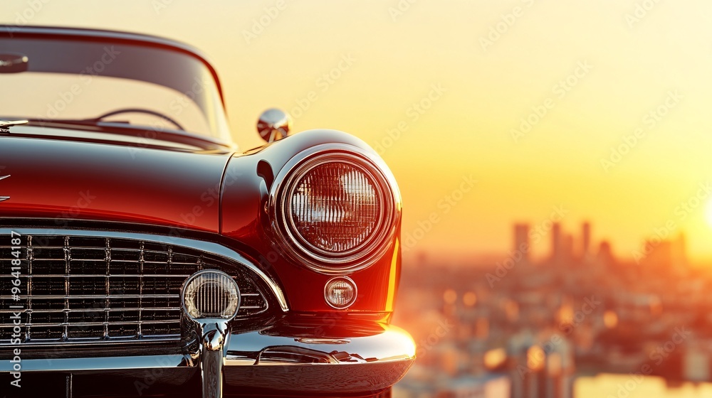 Poster close-up of a classic vintage car from the 60s transformed into an electric vehicle set against a fu