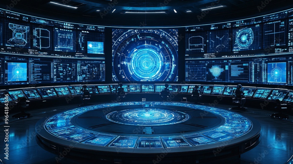 Aufkleber vintage space control room from the 70s with futuristic technology holographic displays and robots l