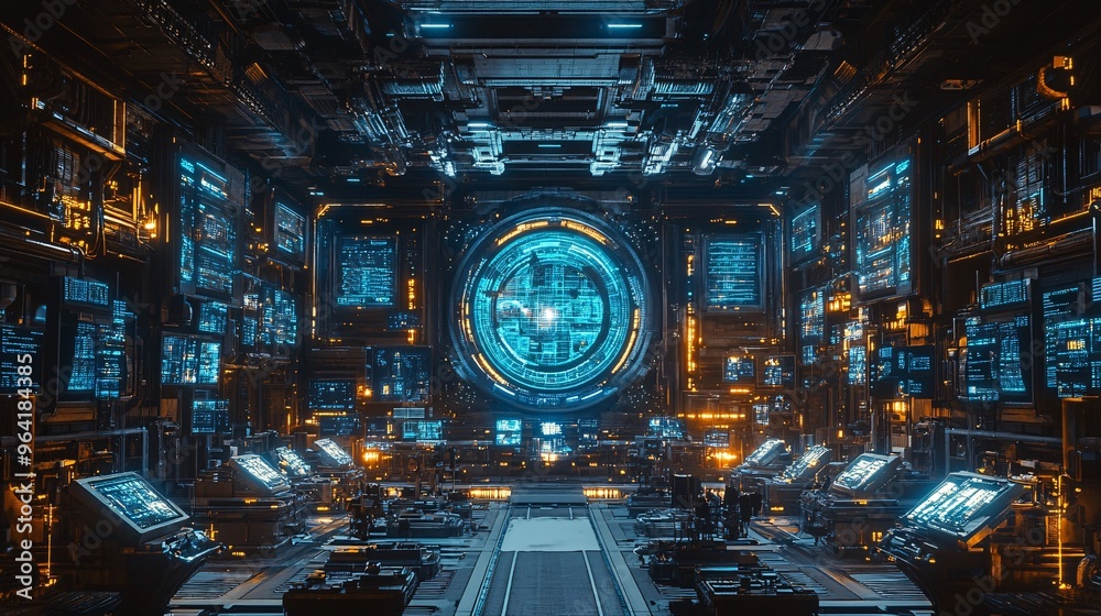 Poster vintage space control room from the 70s with futuristic technology holographic displays and robots l
