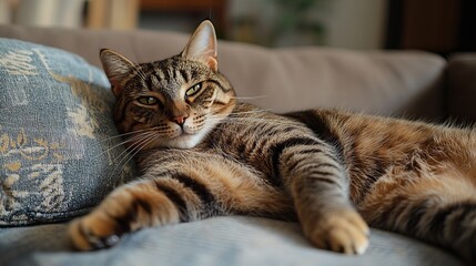 Naklejka premium A big, brown cat with stripes was lounging on the couch.