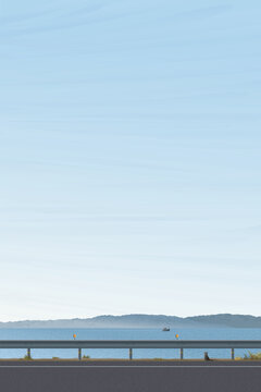 Minimalist seaside landscape with beach road have mountain ranges and blue sky vertical background graphic illustation.