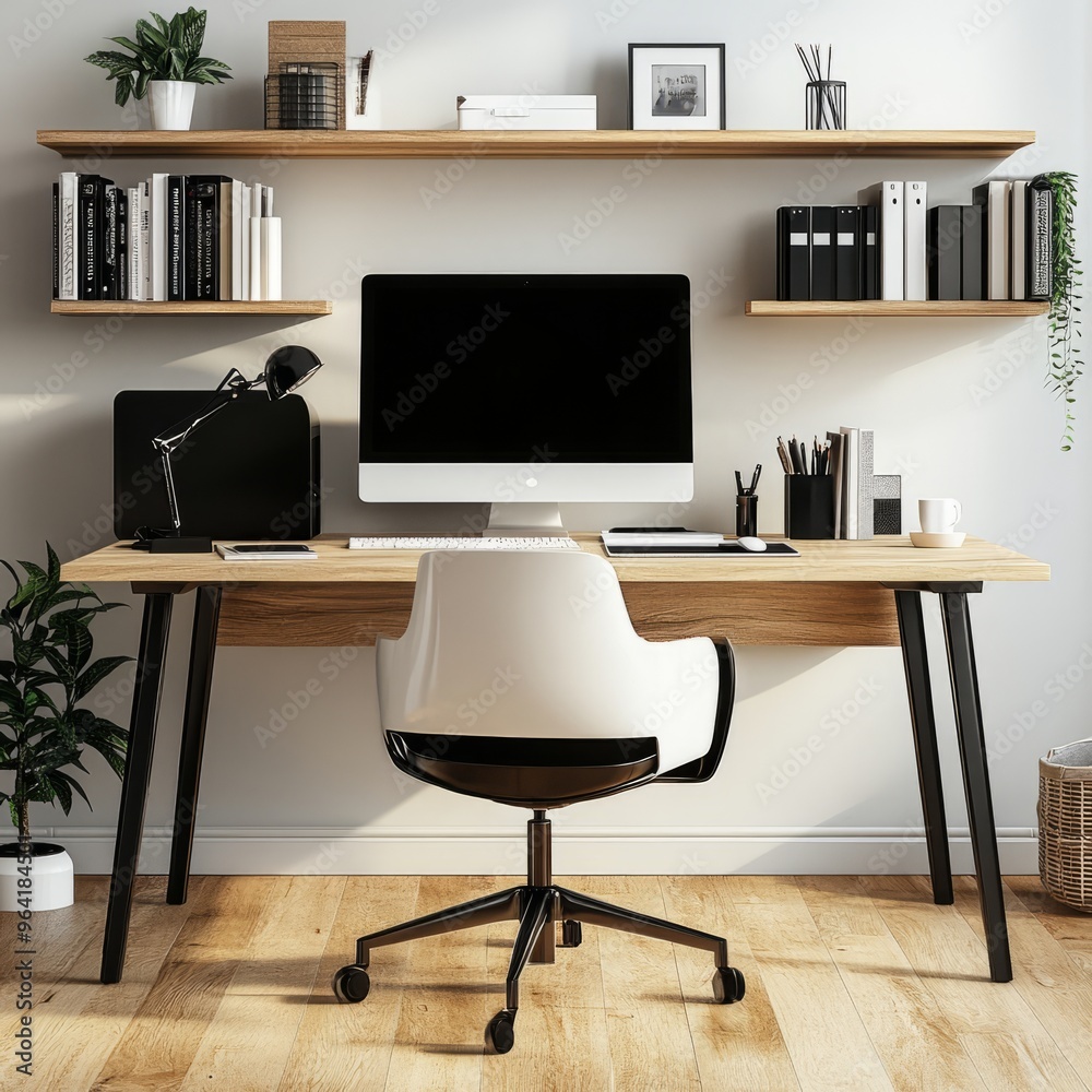 Sticker Minimalist home office workspace with wooden desk, black metal legs, white chair, and computer.