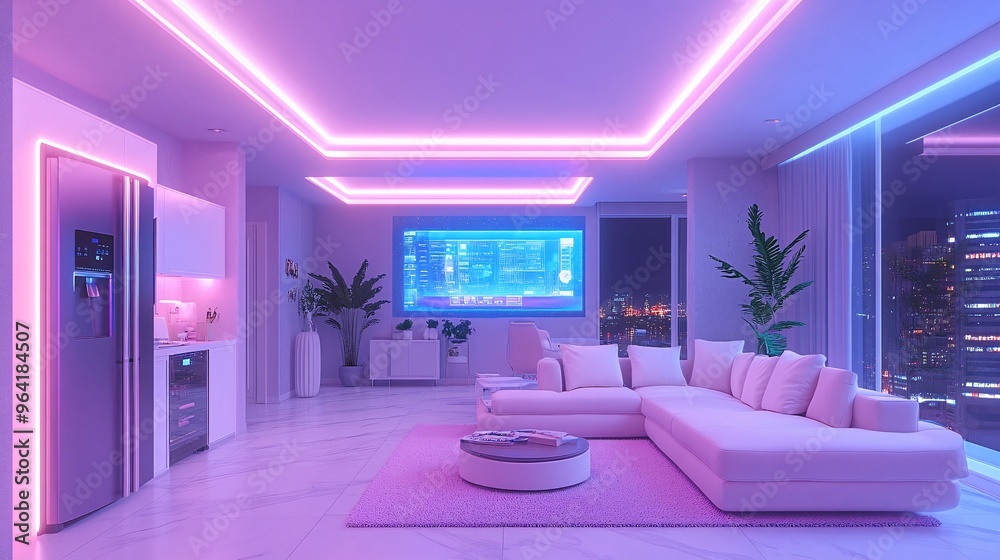 Poster A 60s-inspired living room with a smart refrigerator and holographic display showing the latest tech upgrades for a futuristic home Large space for text in center Stock Photo with copy space