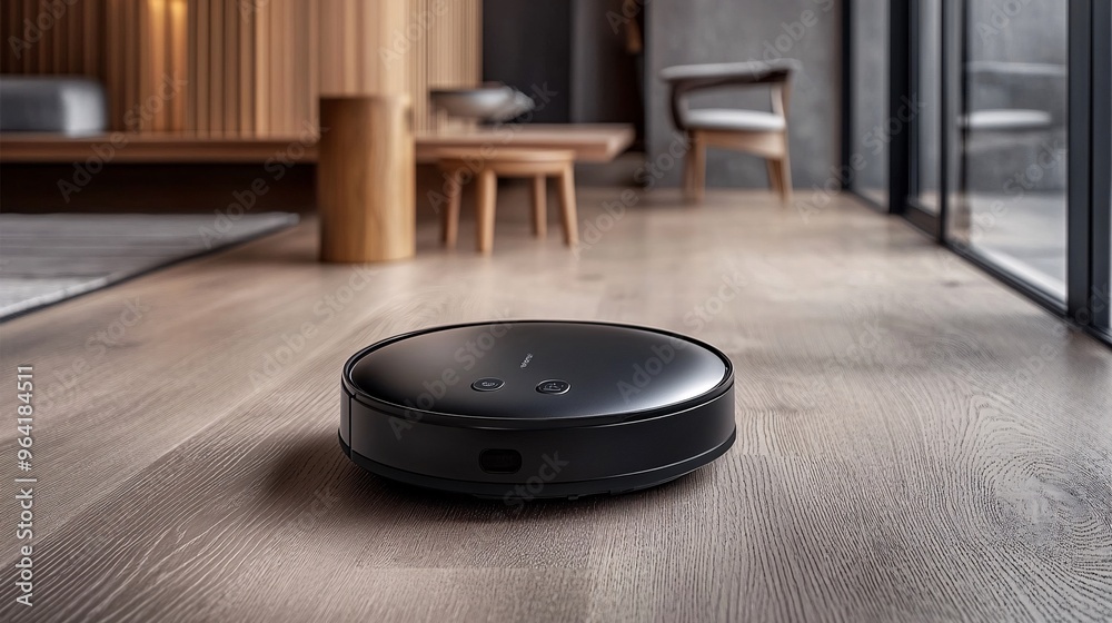 Poster Living room in 60s style with futuristic home automation devices like a robot vacuum and voice-controlled lighting Large space for text in center Stock Photo with copy space