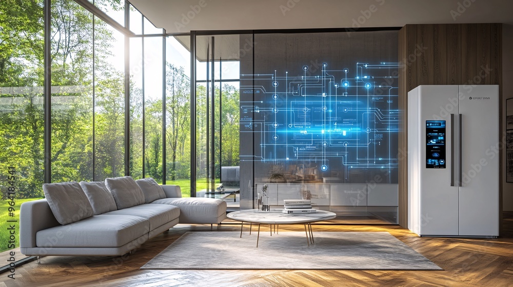 Aufkleber A 60s-inspired living room with a smart refrigerator and holographic display showing the latest tech upgrades for a futuristic home Large space for text in center Stock Photo with copy space