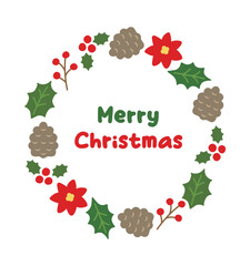 Hand drawn cute frame border background in December winter season Christmas concept. Surrounded by flowers, pine cones, leaves and berries object illustrations.